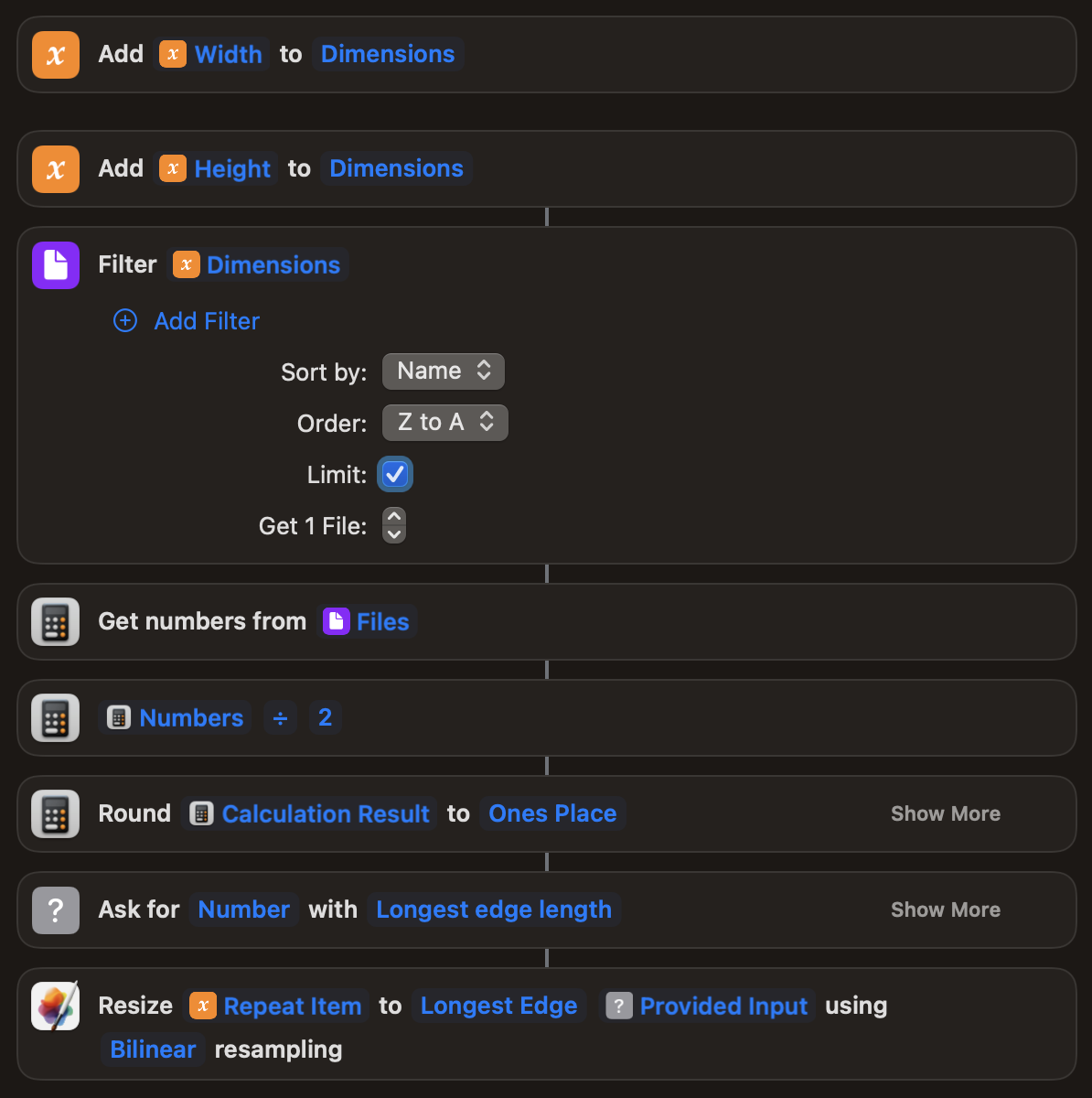 Screenshot of described shortcuts actions for calculating 50% of the larger image dimension